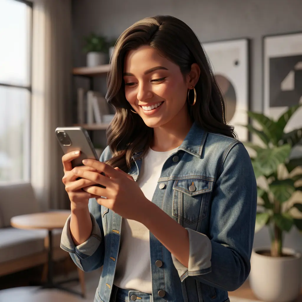 Stylish Bangladeshi player smiling while using the 558H APP on her smartphone in a modern gaming atmosphere