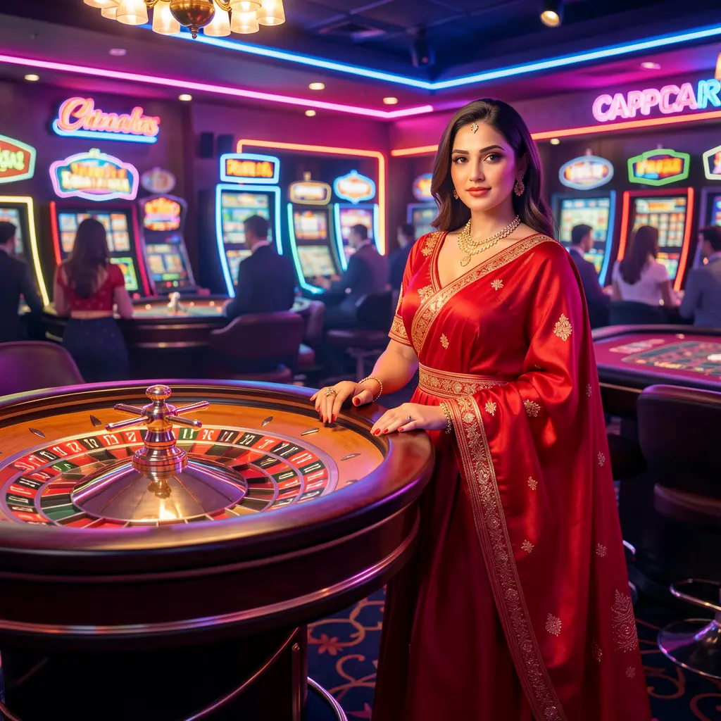 Confident woman in a flowing red dress near a modern roulette table symbolizing high end casino entertainment available at 558H APP in Bangladesh