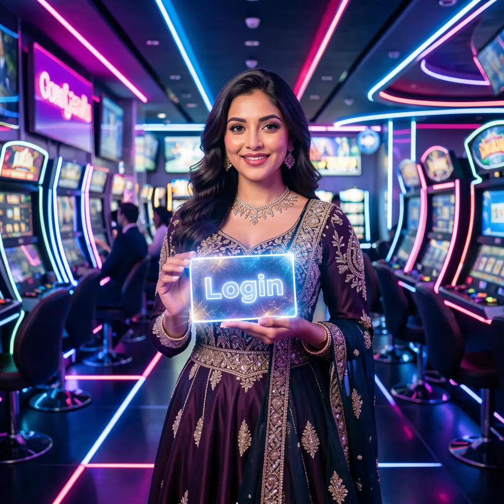 Stylish Bangladeshi woman holding a glowing login card in a neon casino environment representing premium access with 558H APP