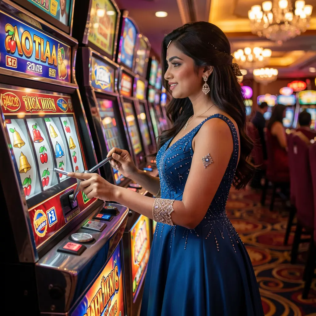 A confident Bangladeshi woman in a glamorous evening dress playing a modern slot machine with bright reels and casino lights at 558H APP